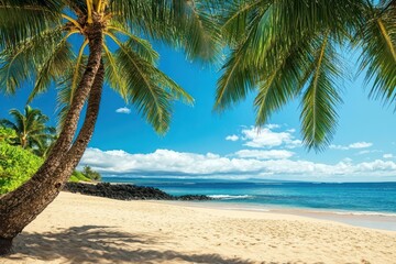 Fototapeta premium Tropical Paradise: Coconut Palm Trees Framing a Pristine Sandy Beach Under a Clear Sky