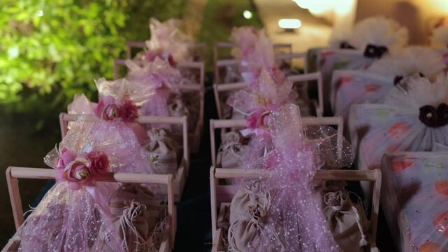 A Slow Motion Shot of Gifts and Hampers at an Indian Wedding Venue in India
