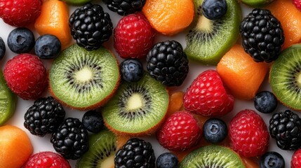 Obraz premium A close up of a fruit salad with a variety of fruits including kiwi, blueberries