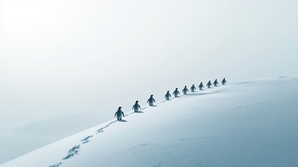 a line of penguins marching through a frozen landscape