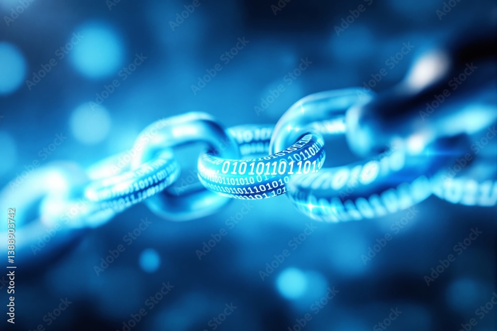 Poster Abstract digital blockchain chain with binary code in blue light background.