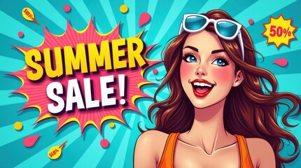 Exciting summer sale event featuring trendy fashion at the beach vibrant graphic design fun and energetic atmosphere