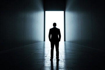 Obraz premium Silhouette of a businessman standing in a dark hallway facing a bright light.