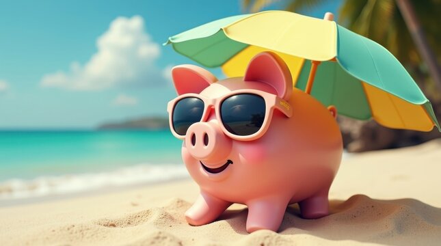 Summer sale event featuring a cute pig at the beach tropical environment playful viewpoint for fun vibes