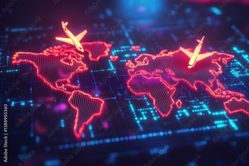 Poster vibrant abstract world map showcasing dotted travel routes and glowing airplane icons in a neon futu