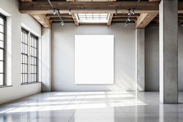 Blank white canvas in modern loft gallery space with natural light.