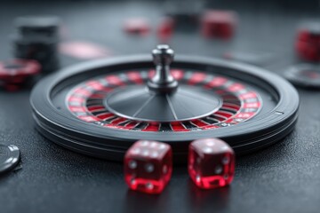 Roulette Wheel With Red Dice On Dark Background
