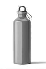 Gray Reusable Water Bottle Stands Isolated on White Background Close Up
