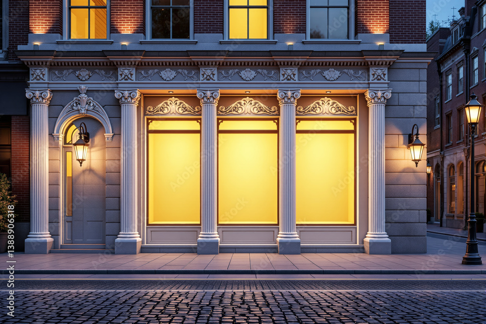 Aufkleber elegant storefront with illuminated windows and decorative pillars at night.