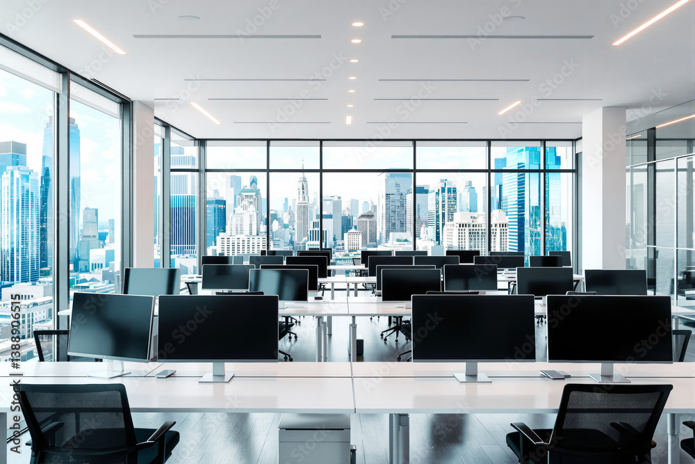 Poster modern office interior with multiple workstations and large windows overlooking a city skyline.