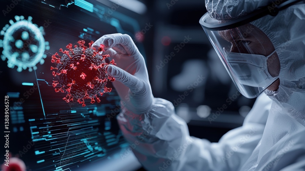Poster A person in a lab coat is holding a red object on a computer screen