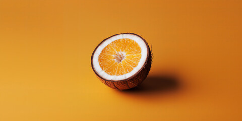 Vibrant half orange resting on a bright yellow backdrop, showcasing its juicy texture and natural color contrast emphasizing freshness and vitality
