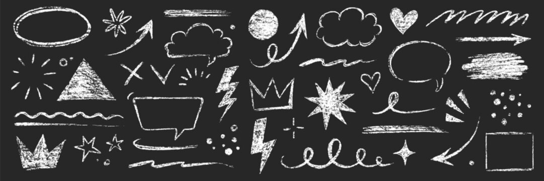 Arrow line chalk brush hand drawn sketch element set. Grunge square, heart, arrow element scribble line brush hand drawn pencil sketch. Texture chalk, crayon pencil style. Vector illustration