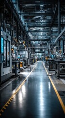 A busy factory scene showcasing machinery and workers engaged in various industrial processes and operations inside