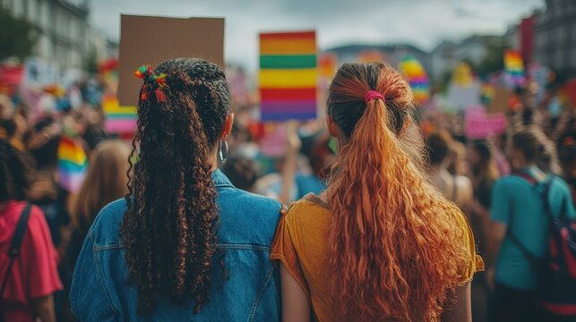 Crowd at pride rally, backs turned, rainbow colors, diverse