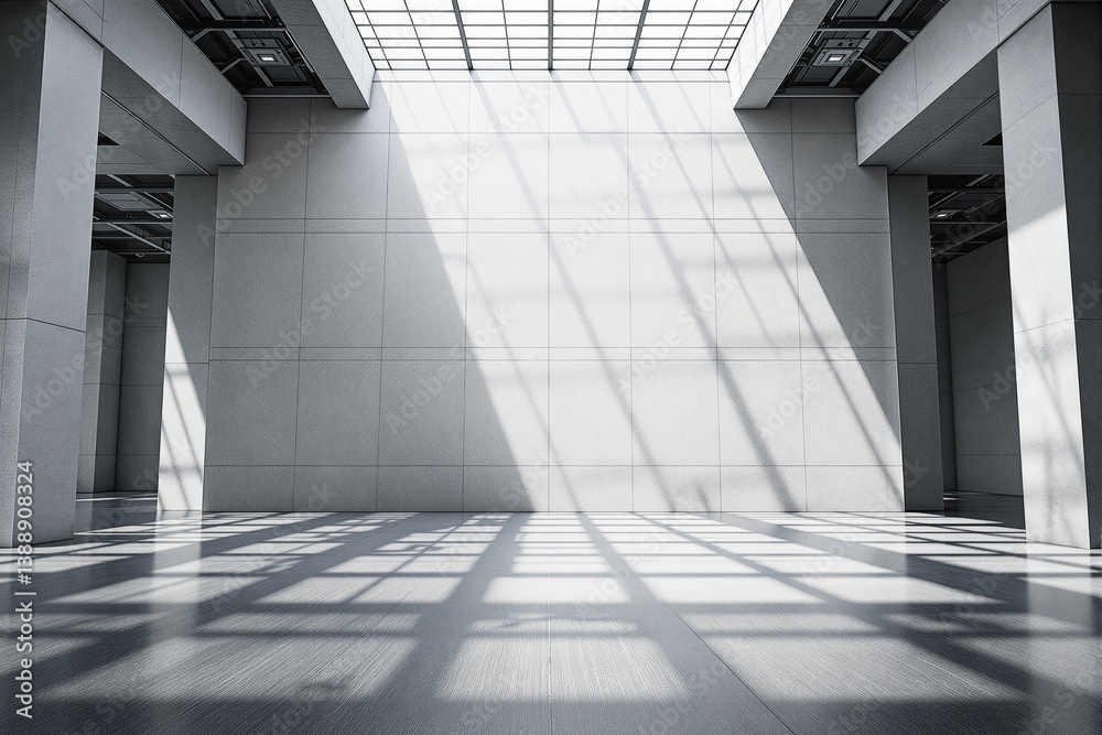 Poster modern architectural interior with geometric light patterns on the floor.