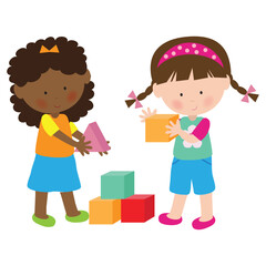 Cute little girls build a tower of colorful blocks vector cartoon illustration