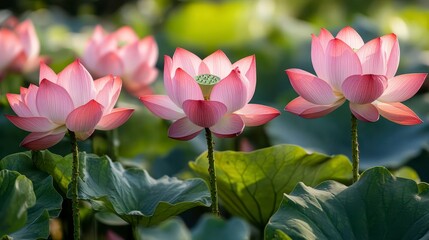 Obraz premium Pink lotus flowers bloom with green leaves in nature. Light and airy