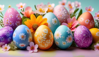Fototapeta premium Colorful painted easter eggs in a basket and nest are a spring holiday tradition and decoration