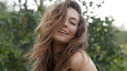 Woman with Long Flowing Hair in Relaxed Pose Against Earthy Greenery Background