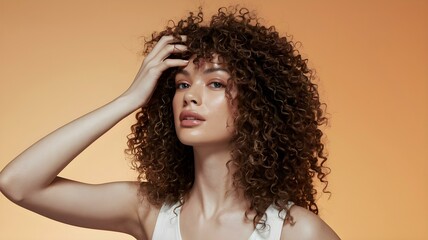Model with Voluminous Curly Hair Playfully Engaging Hands Against Warm Orange Background