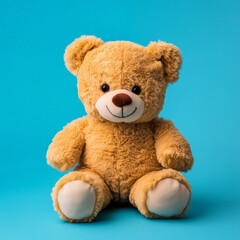 Obraz premium Cute brown teddy bear sitting against a bright blue background, perfect for gifts or decoration in children’s rooms, evoking warmth and nostalgia while offering comfort and companionship