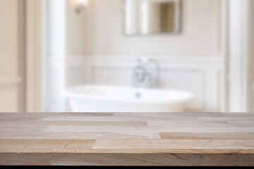 Empty marble top table with blurred bathroom interior Background. for product display.