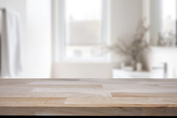 Empty marble top table with blurred bathroom interior Background. for product display.
