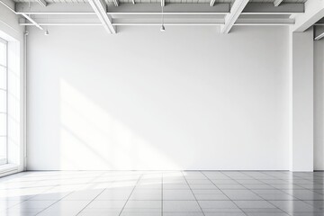 Minimalist empty white room with sunlight and tiled floor.