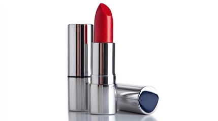 Elegant Red Lipstick Still Life with Silver Tube and White Background