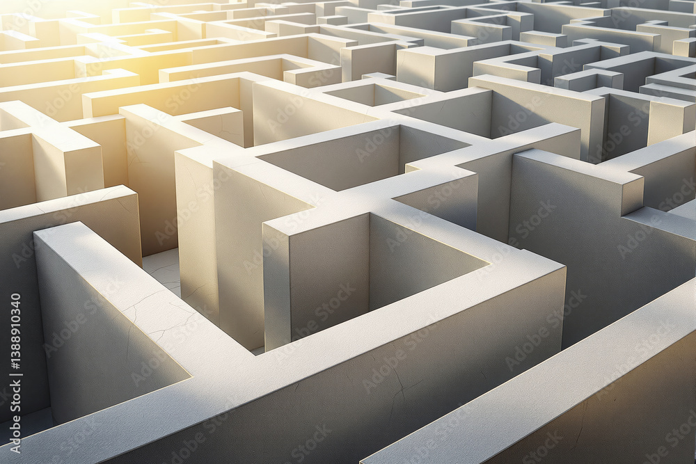 Poster abstract maze with high walls in soft sunlight.