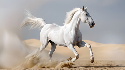 Obraz premium Majestic White Arabian Horse Galloping Across the Desert Sands