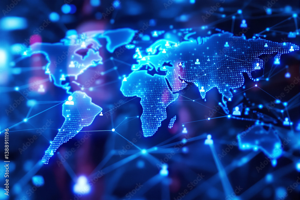 Poster Digital global network with glowing blue world map and connected user icons.