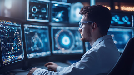 A space scientist studying satellite communications data, control room with satellite data visualization and communication tools visible, High-tech style