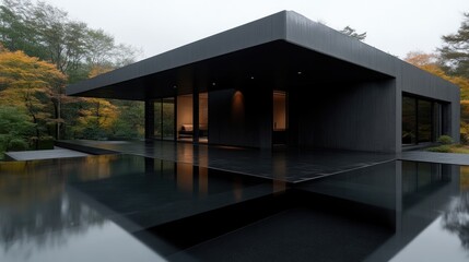 Obraz premium Modern minimalist home with a reflecting pool. Dark exterior, spacious interior, and serene garden setting