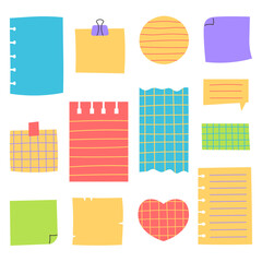 Colorful Paper Sheets for Memo Notes Set. Hand drawn collection of Checkered and Striped Notebook Blanks with empty space for messages. Vector illustration in flat style