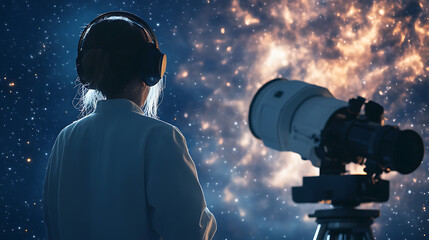 A space scientist using AI to analyze astronomical data from telescopes, observatory with telescopes and AI analysis tools visible, High-tech style