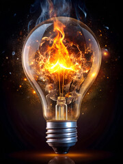 Abstract glowing flame drops in electric bulb illu. A brightly shining light bulb symbolizing inspiration and creativity. colorful bulb explosion.