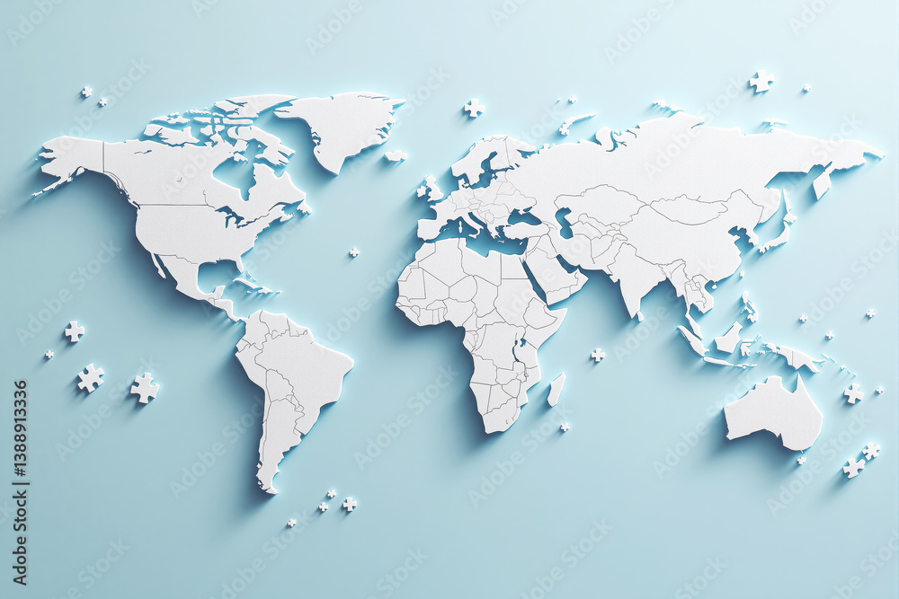 Poster abstract world map puzzle with missing pieces on light blue background.