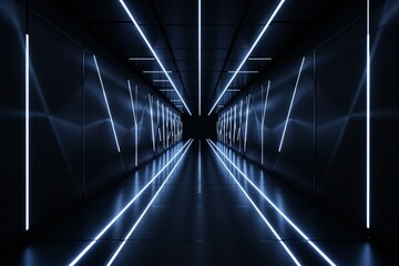 Futuristic dark tunnel with glowing blue neon lights.