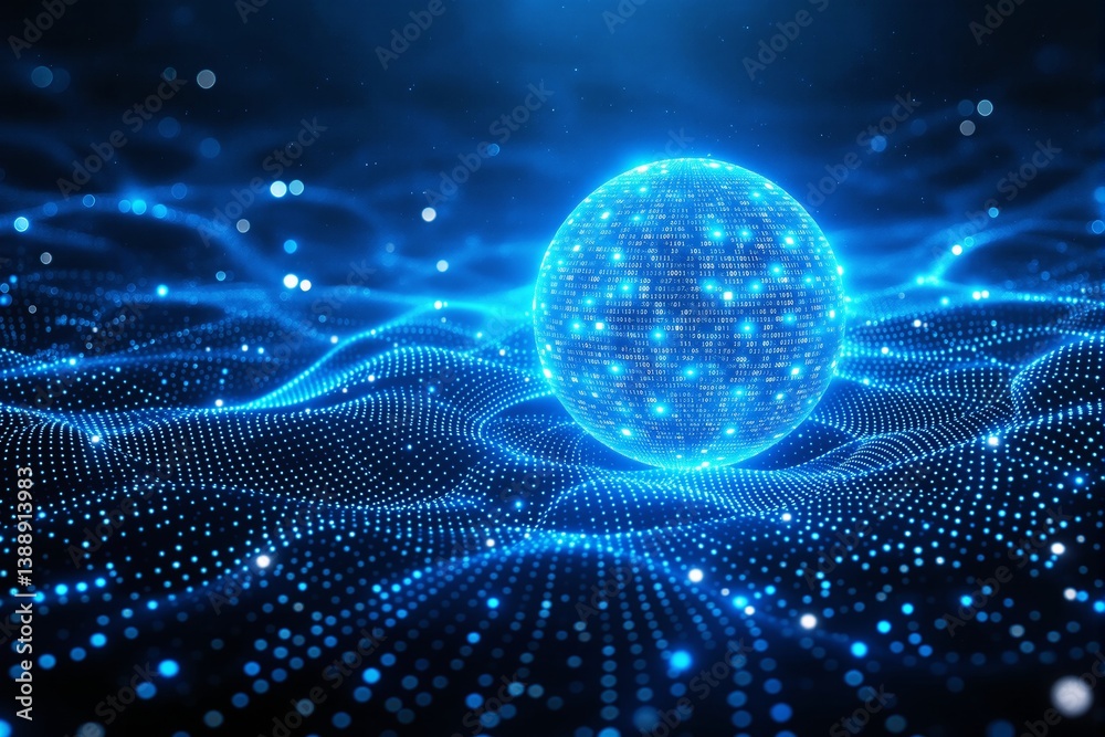 Poster Futuristic digital sphere with binary code on glowing wave background.