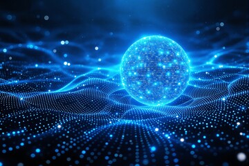 Futuristic digital sphere with binary code on glowing wave background.