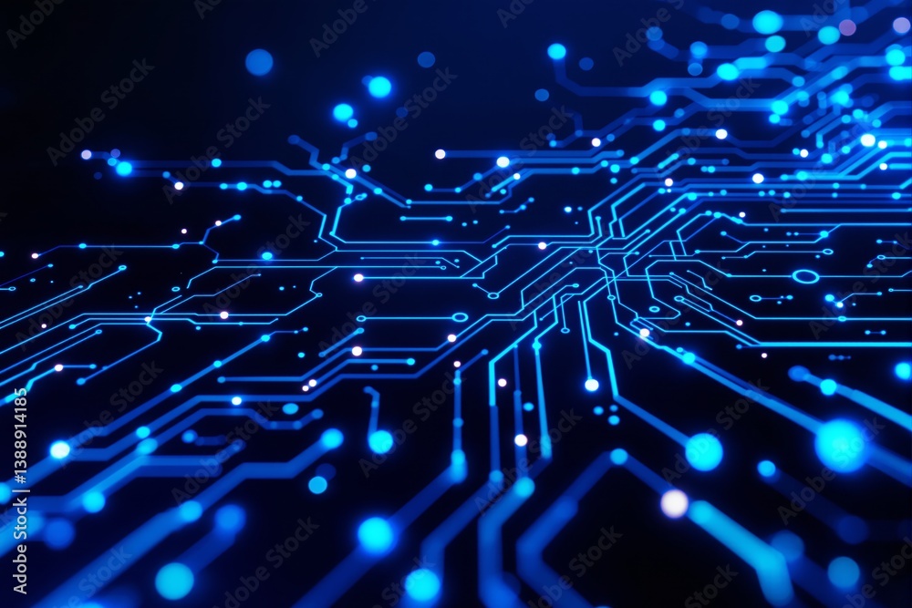 Poster futuristic glowing circuit board pattern on a dark background.