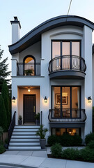 Modern Two-Story House with Balconies, Curved Roof, and Elegant Exterior
