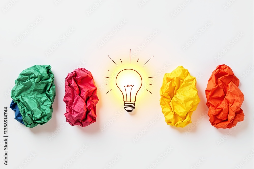 Poster creative idea concept with light bulb and colorful crumpled paper on white background.