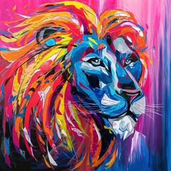 A vibrant and colorful lion head painting in an abstract style, featuring bold brushstrokes and a mix of warm and cool tones, perfect for modern art lovers and creative decor. 