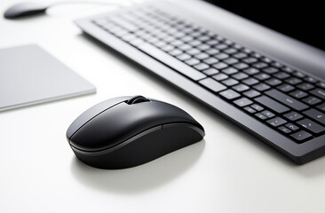 Close up of a black wireless mouse next to a keyboard and a tablet on a white surface top view  