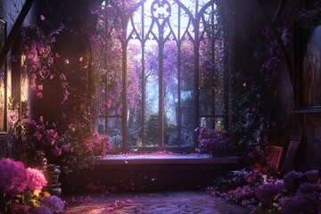 A stunning window view showcasing vibrant floral vines indoors softly lit