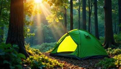 Green camping tent nestled amongst towering trees in a sun-dappled forest , adventure, untamed