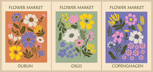 Set of abstract Flower Market posters. Trendy botanical wall arts with floral design in retro 70s colors. Modern naive groovy funky interior decorations, paintings. Vector art illustration